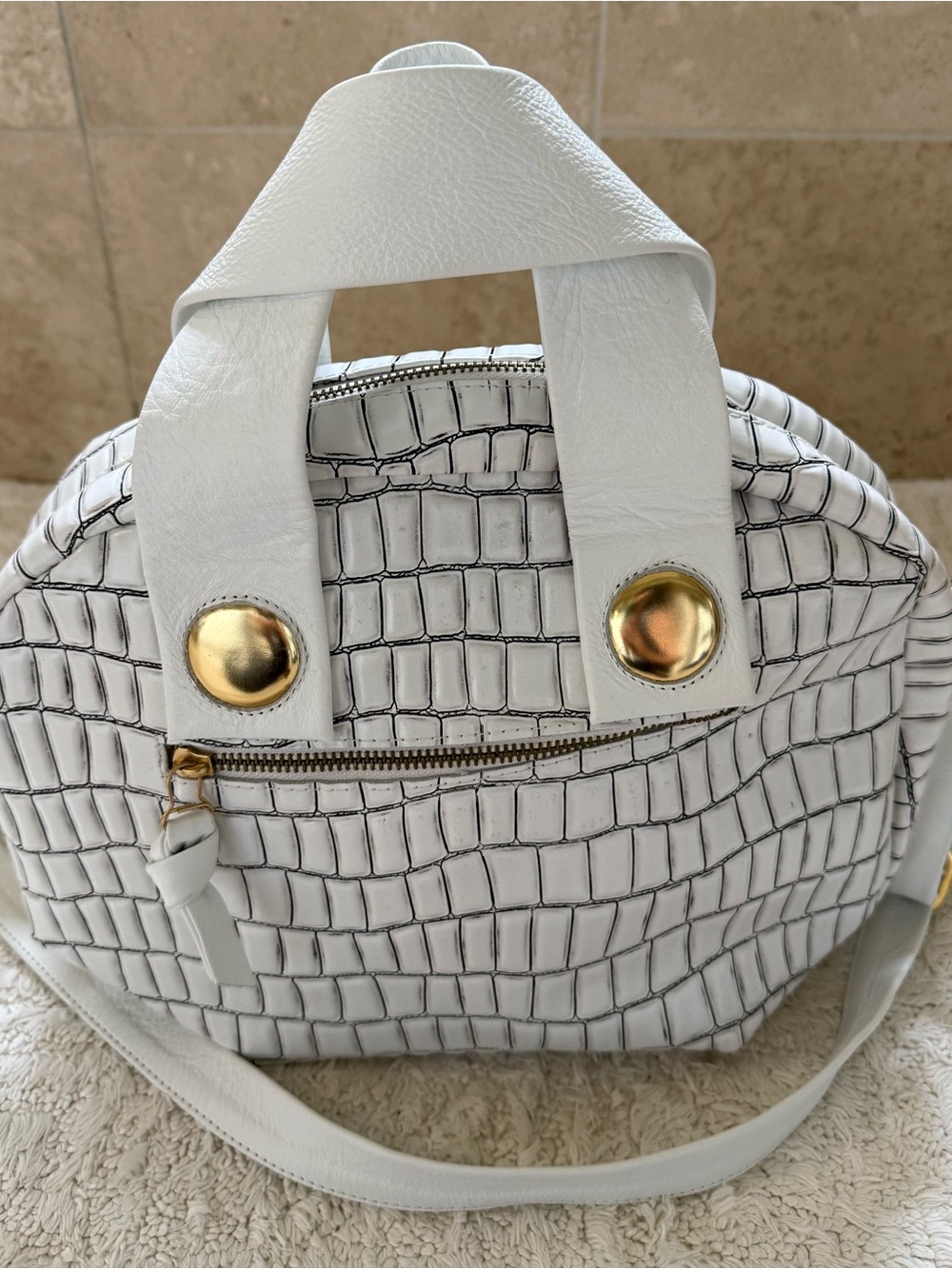 NWOT Daniella Lehavi White Croc-Embossed Dome Satchel with Gold Hardware